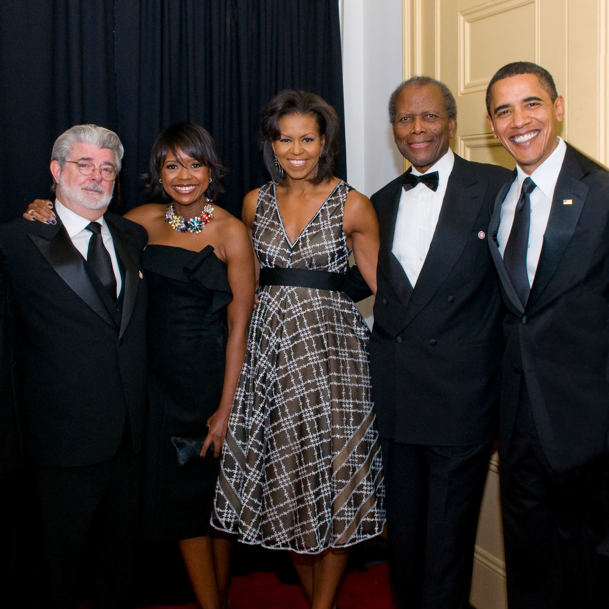 A gala celebration of the re-opening of Ford's Theatre in Washington, D.C. From Left to Right: George Lucas and his wife Mellody Hobson, First Lady Michelle Obama, Sidney Poitier and President Barack Obama, February 11, 2009. (Courtesy of Ford's Theatre Society)