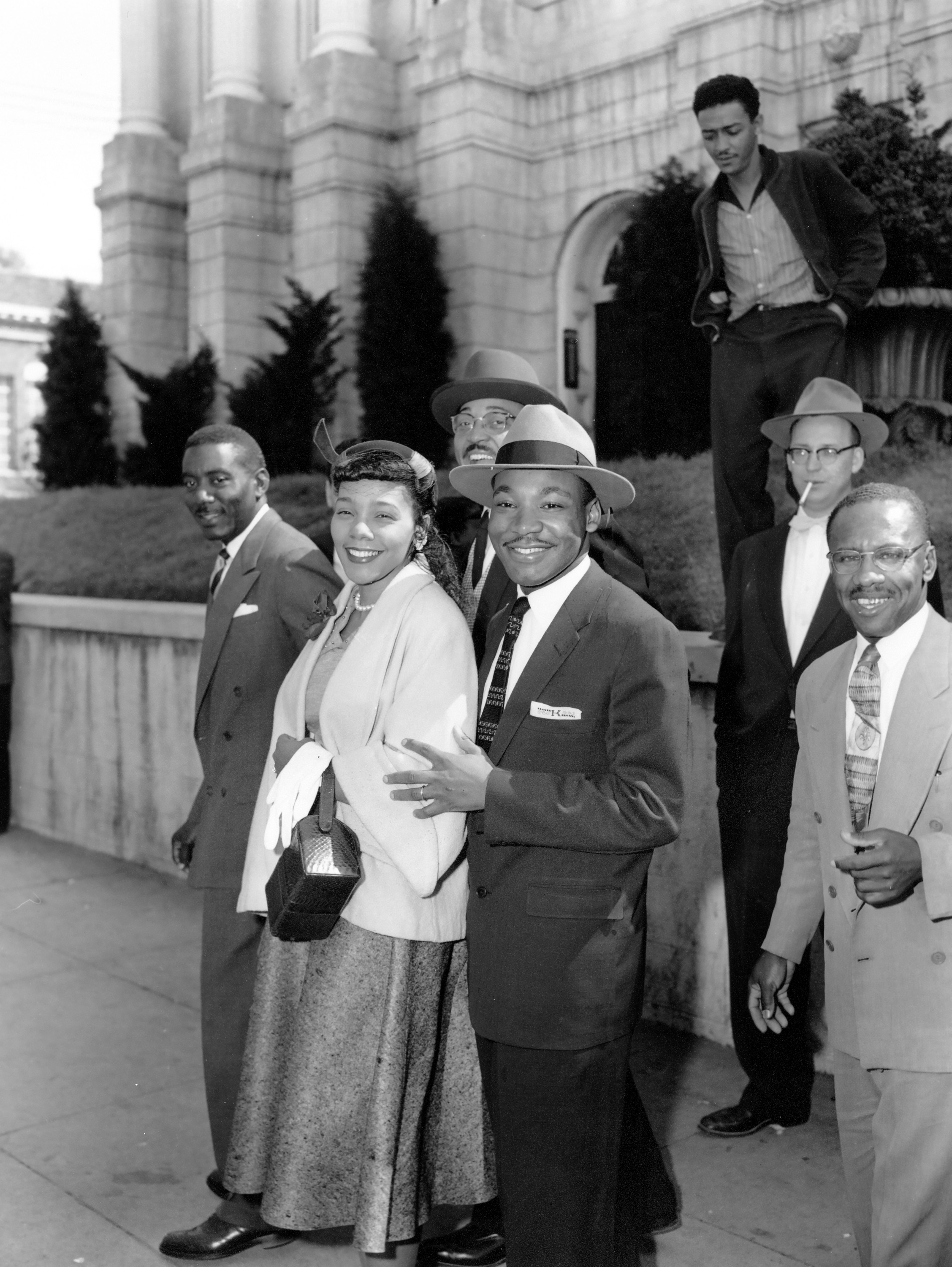 Martin Luther King, Jr. and Coretta Scott King at the Montgomery, Alabama courthouse where Dr. King was tried for leading the bus boycott that brought national attention to the Civil Rights Movement. March 22, 1956. (AP Images/Gene Herrick)