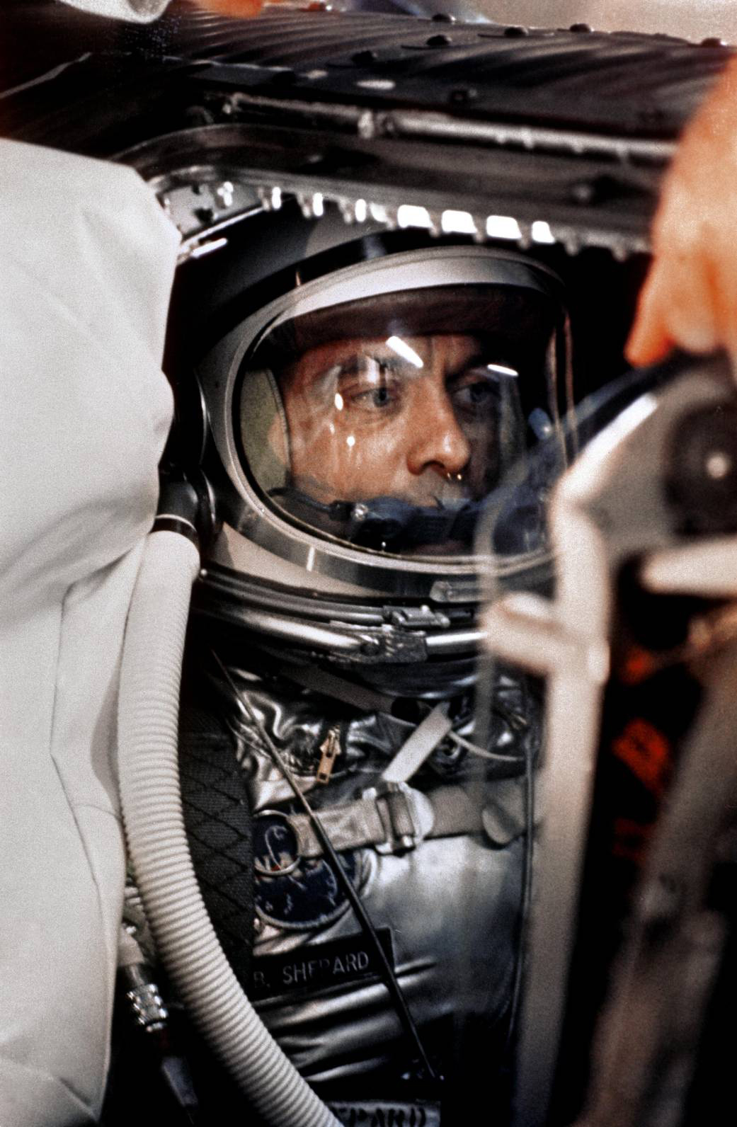 Astronaut Alan B. Shepard, Jr. sits in his Freedom 7 Mercury capsule, ready for launch. Just 23 days earlier, Soviet cosmonaut Yuri Gagarin had become the first man in space. ''That little race between Gagarin and me,'' Shepard said, ''was really, really close.'' After several delays and more than four hours in the capsule, Shepard was ready to go, and he famously urged mission controllers to ''fix your little problem and light this candle.'' (NASA)