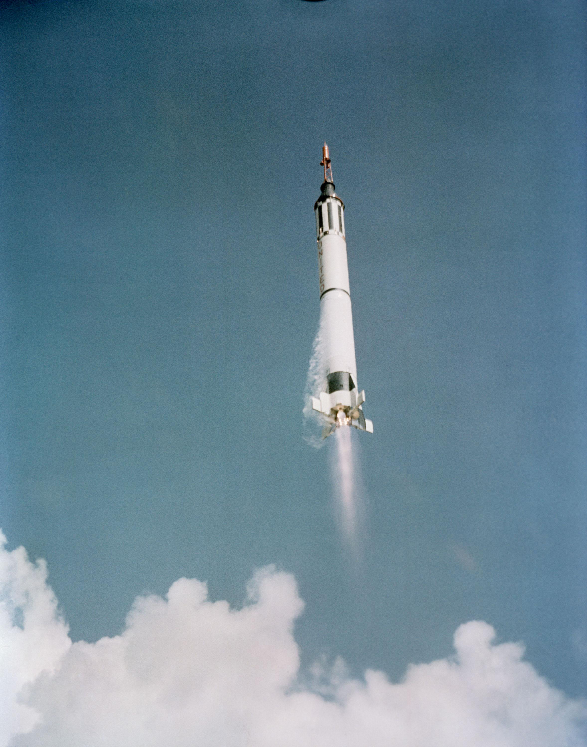 In this view, the Mercury-Redstone 3 (MR-3) spacecraft carrying Alan Shepard in Freedom 7 is already headed towards its suborbital maneuver, shortly after lifting off from Cape Canaveral in Florida. (NASA)
