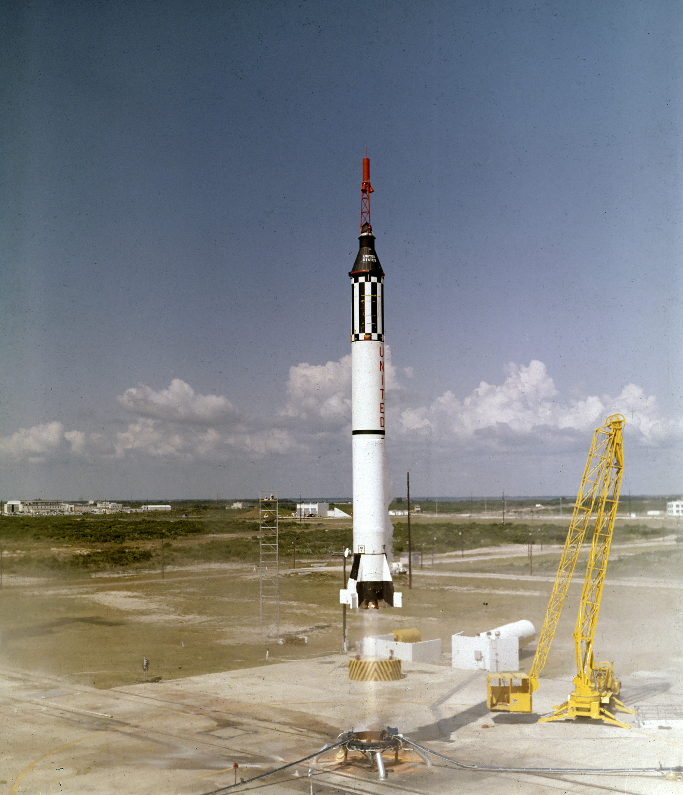 Astronaut Alan B. Shepard, Jr. lifts off in the Freedom 7 Mercury spacecraft on May 5, 1961. This third flight of the Mercury-Redstone (MR-3) vehicle, developed by Dr. Wernher von Braun and the rocket team in Huntsille, Alabama, was the first manned space mission for the United States. During the 15-minute suborbital flight, Shepard reached an altitude of 115 miles and traveled 302 miles downrange. (NASA)