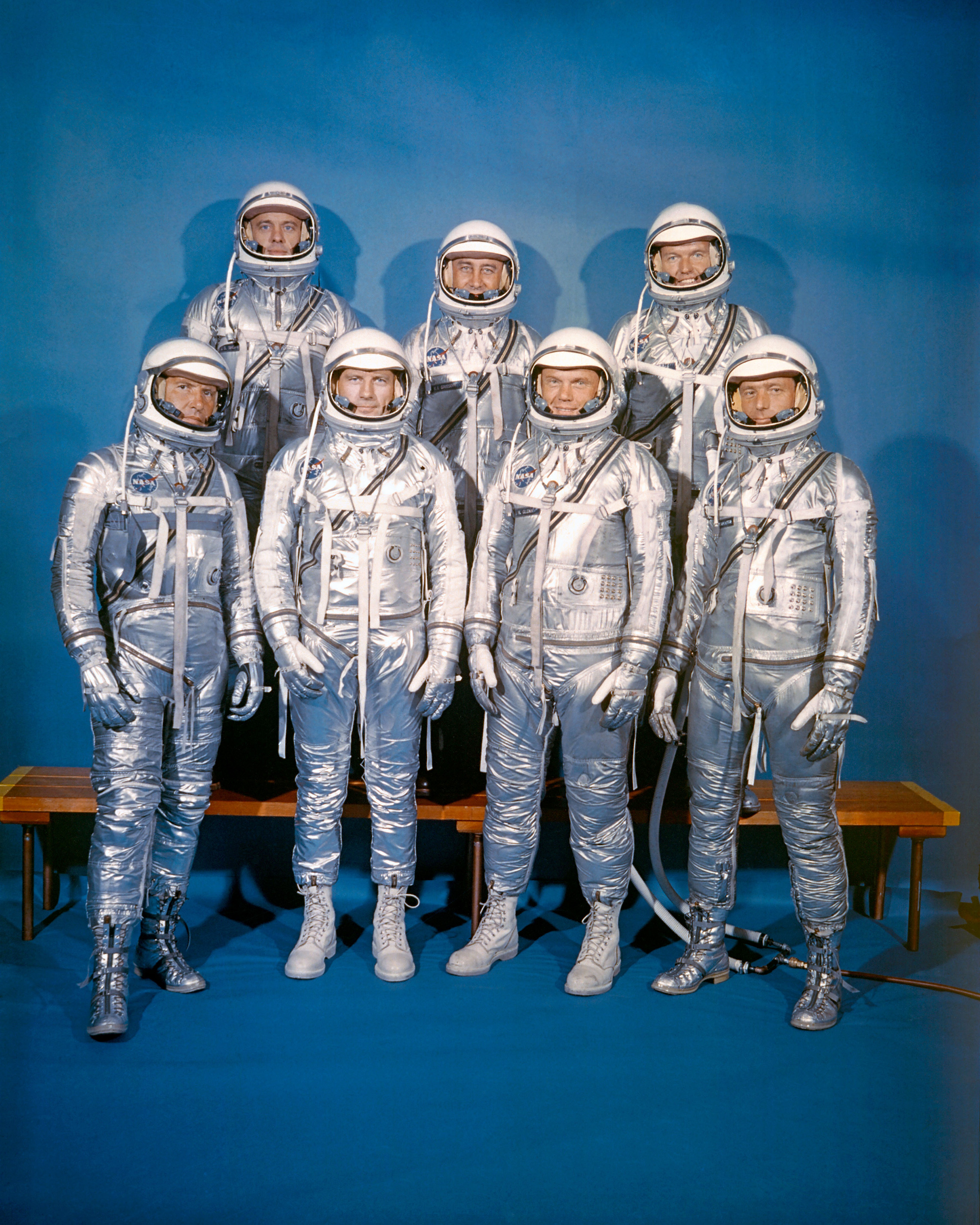On April 9, 1959, NASA introduced its first astronaut class, the Mercury 7. Front row, left to right: Walter M. Schirra, Jr., Donald K. "Deke" Slayton, John H. Glenn, Jr., and M. Scott Carpenter; back row, Alan B. Shepard, Jr., Virgil I. "Gus" Grissom, and L. Gordon Cooper, Jr. (NASA)